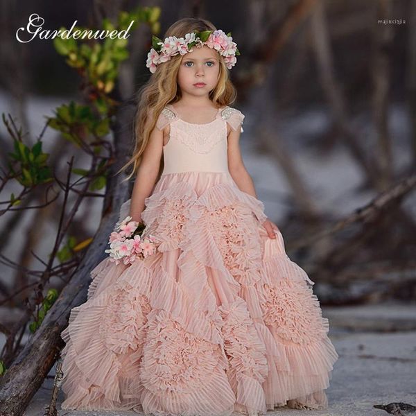 Abiti da ragazza Fata Pink Flower Girl Boho 3D Increspato Smerlato Ragazze Comunione A-line Chiffon Pageant1