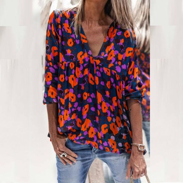 

feitong plus size 3xl blouses elegant women bohemian shirts v-neck long sleeve print blouse loose shirts unregular, White