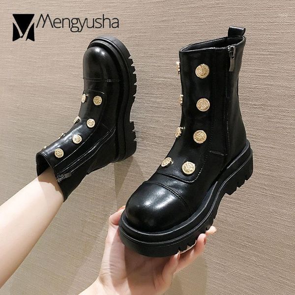

boots women riding metal medal zip booties female creepers pu leather shoes chunky high heels mid-calf botas platform 20211, Black