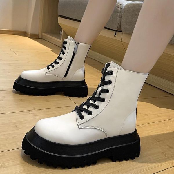 

chunky martin boots for women autumn punk platform ankle boots high heels lace up winter for female side zip ladies shoes, Black