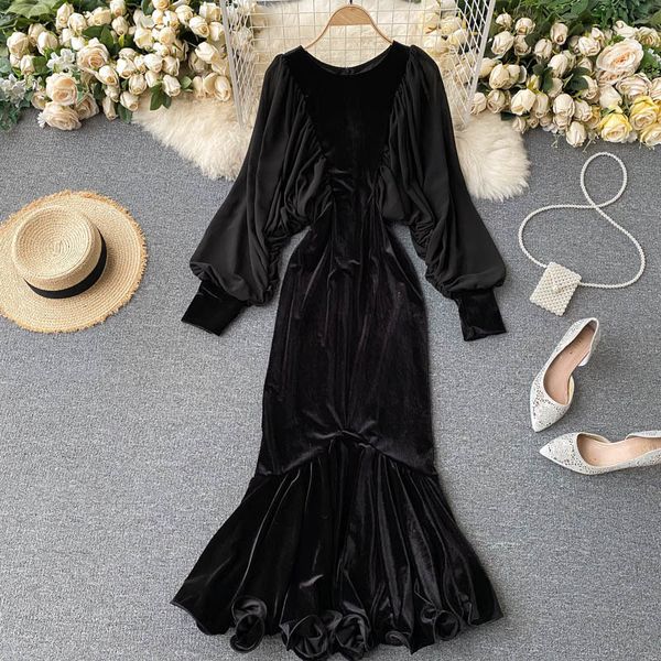 

2021 new female trumpet ruched singing dressed the puff neck up in an elegant autumn party sheath solid long dress 6asv, Black;gray