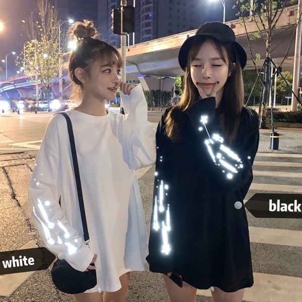 

hoody women fashion reflective round collar long-sleeved print female sweatshirt casual loose bf lazy wind white black m-xl y200608