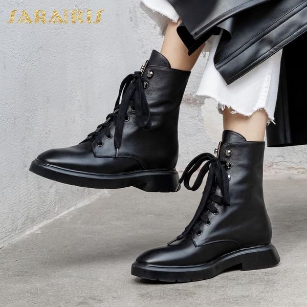 

sarairis 2020 new arrivals genuine cow leather ankle boots woman shoes chunky heels lace up autumn winter boots, Black