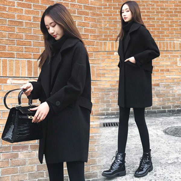

new women autumn woolen coat warm long sleeve turn-down collar outwear jacket ladies 2020 winter casual elegant overcoat1, Black