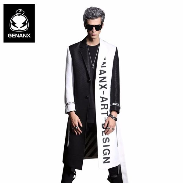

men's trench coats genanx brand long style coat men fashion black white patchwork overcoat man winter windbreaker size -xxl, Tan;black