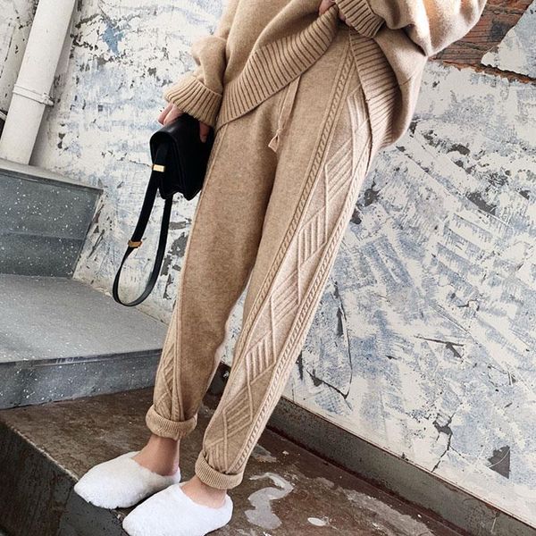 

jxmyy winter thicken women harem pants casual drawstring twisted knitted pants femme chic warm female sweater trousers 2020, Black;white