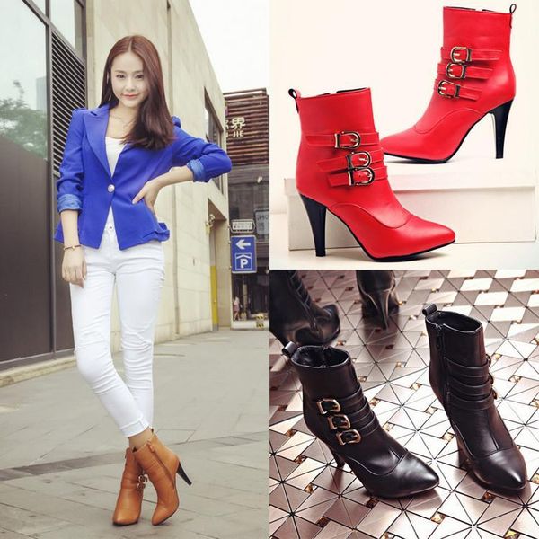 

red woman booties winter footwear boots-women zipper autumn shoes 2020 leather high heel med ladies mid-calf mid calf, Black
