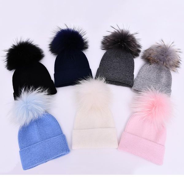 

children's winter toddler baby kids cashmere knitted hat beanie with 2 double real fur pom poms ears hat for boys a qylmbu