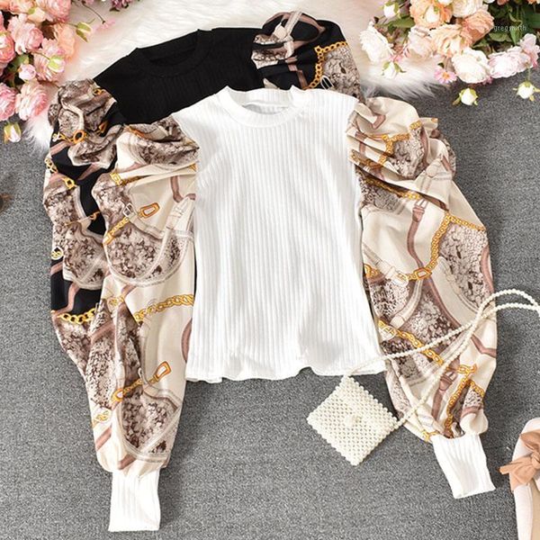 

patchwork blouse women casual print long puff sleeve slim fit autumn spliced shirt am22221, White