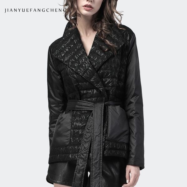 

fashion lace appliqued black duck down coat women new winter elegant v-neck belt lace-up warm thicken korean casual down jackets y201026