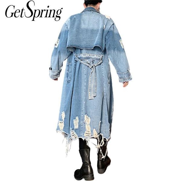 

getspring women trench coat women jean trench holes lace up irregular women windbreak loose long denim overcoat autumn winter 201028, Tan;black