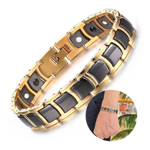

vinterly steel magnetic bracelet male black ceramic energy germanium bracelets men hand chain gold color hologram bracelet male 220225, Golden;silver