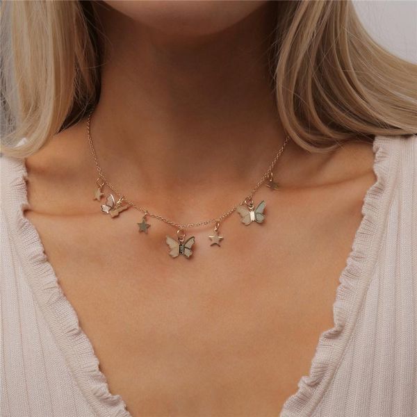 

luokey new fashion choker tiny star butterfly necklaces for women gifts single layer exquisite statement jewelry collier chocker, Golden;silver