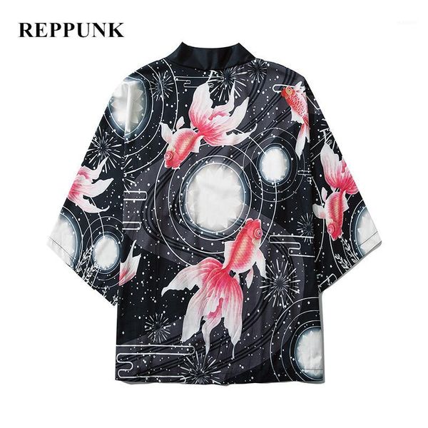 

new streetwear 3d fish printed men japanese kimono jackets oversized yukata casual male summer short sleeve cardigan jackets1, Black;brown