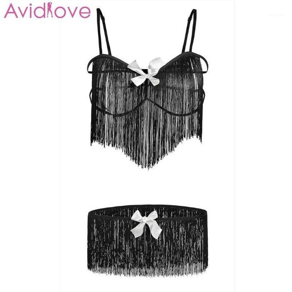 

avidlove women open bra set elastic fringe suit underwear fun strap exotic apparel1, Red;black