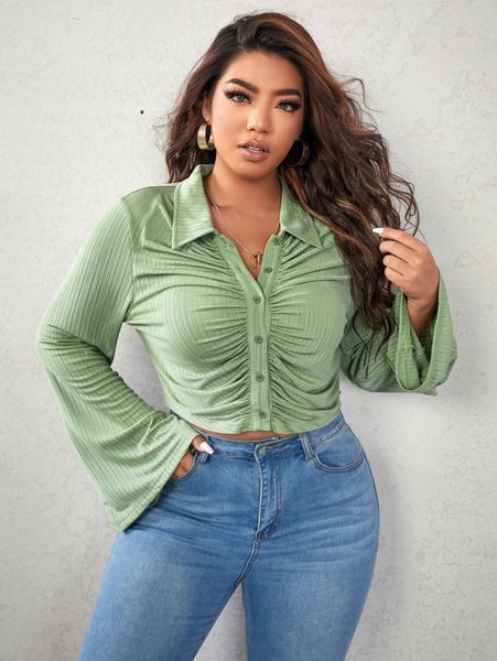 

plus flounce sleeve ruched tee m7pa#, Black