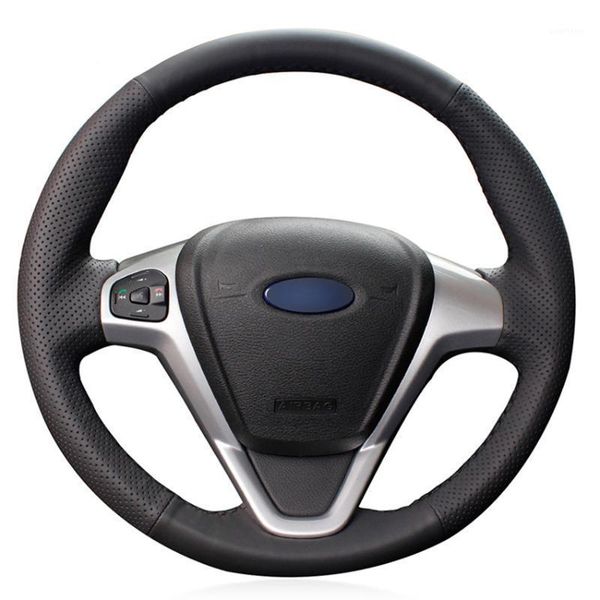 

black pu faux leather diy hand-stitched car steering wheel cover for fiesta 2008-2013 ecosport 2013-20201