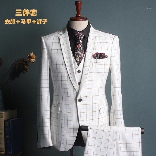 

mens 3 piece slim fit checked business formal suits single breasted vintage white wedding suits for men three piece set1, White;black