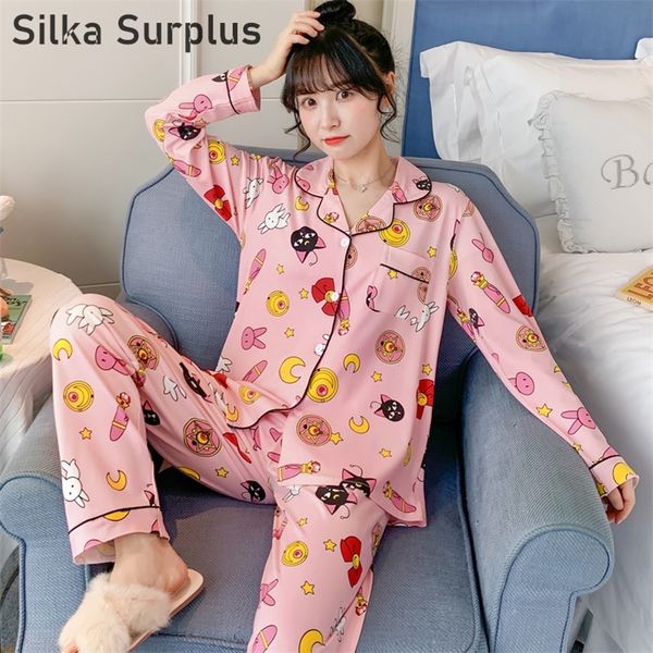 

silka surplus cute sailor moon print pajamas sets for women long sleeve cotton sleepwear pink pijama mujer female nightsuit y200708, Black;red