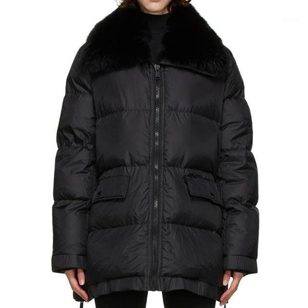 

women down coats 2021 winter white duck down jacket mid-length women's detachable fur collar lapel zipper jacket to keep warm1, Black