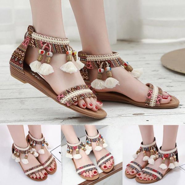 

2020 summer new ladies fashion bohemian rhinestone sandals ethnic style roman angle flat bottom zipper sandals, Black
