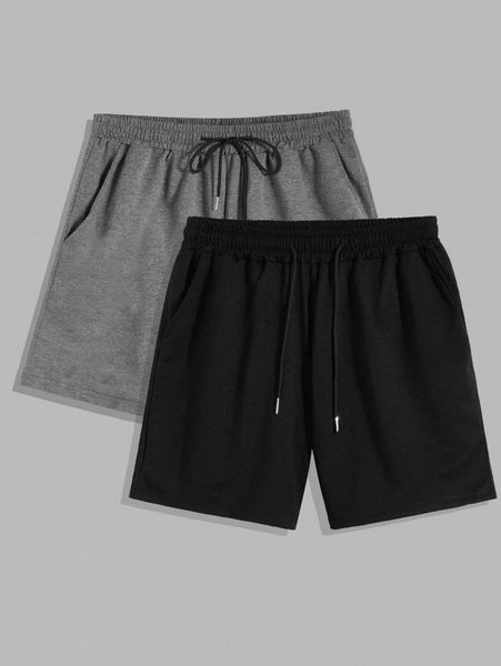 

romwe guys 2pcs drawstring waist shorts 7'' 16ip#, Black