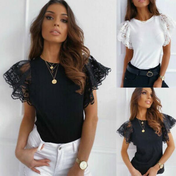 

2020 hirigin new women t-shirts lace ruffles sleeve summer casual female solid short sleeve o-neck plain t-shirt1, White