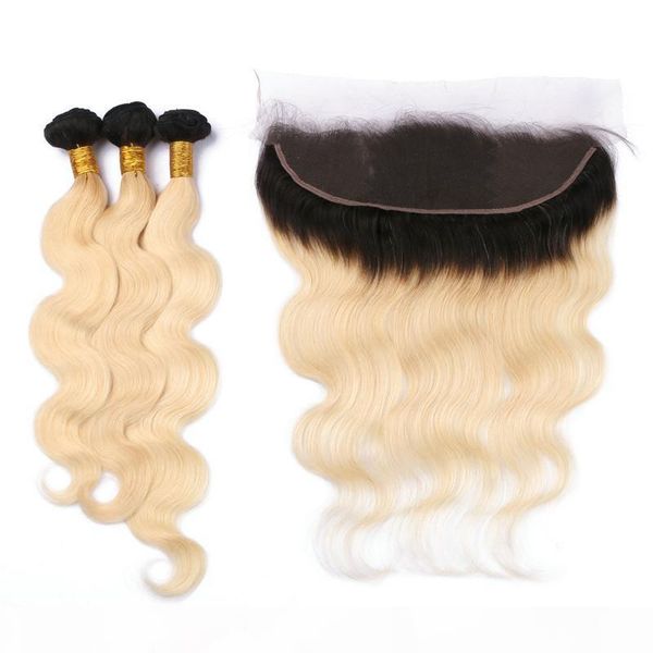 

wholesale 1b 613 two tone ombre virgin hair with frontal closure 4pcs lot body wave blonde ombre 13x4 full lace frontal with bundles, Black