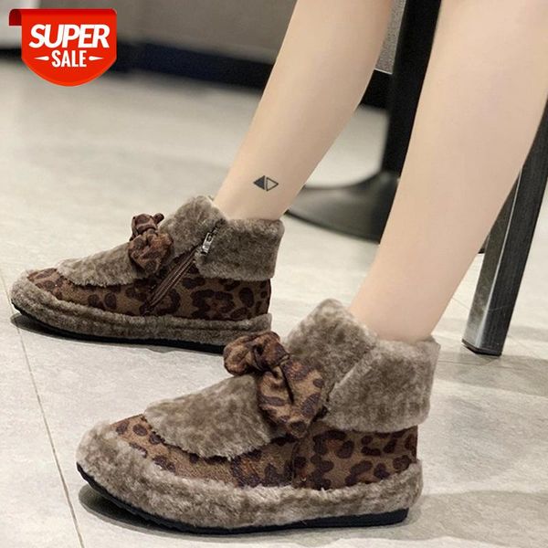 

lucyever fashion leopard print plush snow boots women patchwork bow flat platform ankle boots ladies winter warm cotton shoes #hy7o, Black