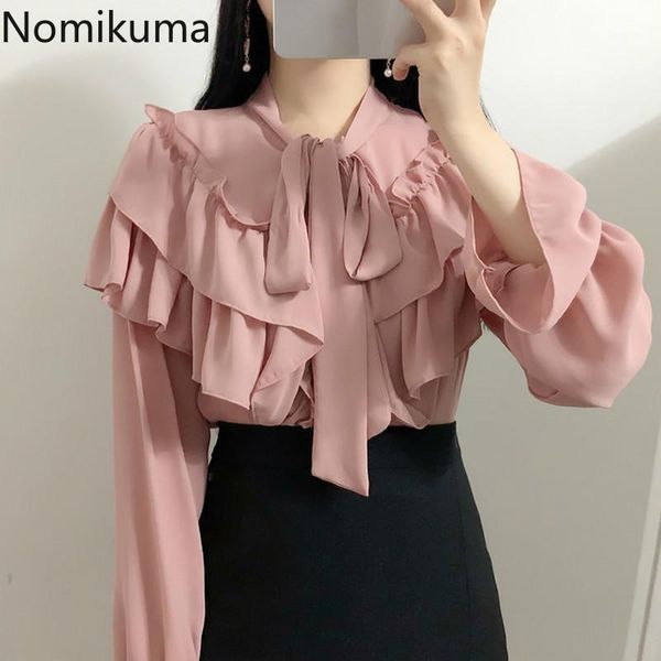 

nomikuma ruffle bow tie collar long sleeve pink shirt blusa femme solid color ruffles blouse women vintage sweet 3d1301, White