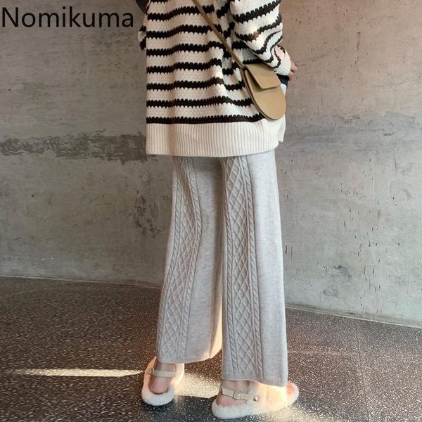 

nomikuma twisted knitted women pants 2020 autumn new lace up high waist trousers causal solid wide leg pants feminimos 6c479, Black;white