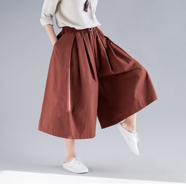 

johnature solid color elastic waist tie plus size pants spring pockets casual loose linen women calf-length wide leg pants 201228, Black;white