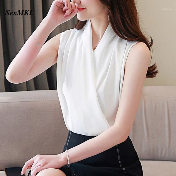 

women white chiffon blouses 2020 fashion sleeveless ladies black korean style women clothes slim elegant office blouse1