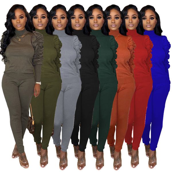 

women two pieces clothing high neck pile sleeve set casual solid color long sleeve pants fashion designer famale ladies sportwear outfits, White