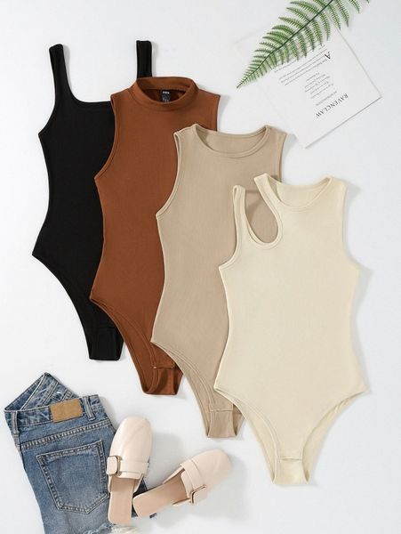 

plus 4pcs solid ribbed knit cut out bodysuit f3nm#, Black