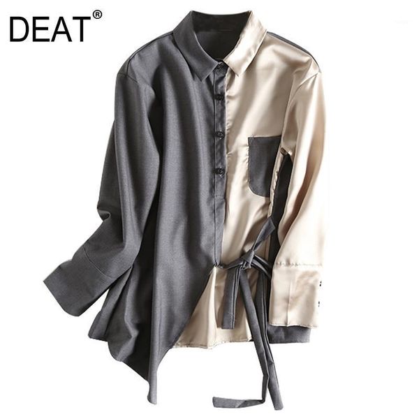 

deat] women blouse new lapel streetwear splicing single-breasted long sleeve loose fit shirt fashion tide spring 2021 13a6521, White