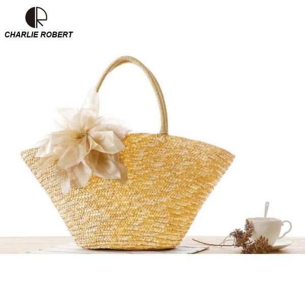 

2020 new beach summer style women lady handle handmade rattan bags floral straw criss-cross hollow out knitting casual tote