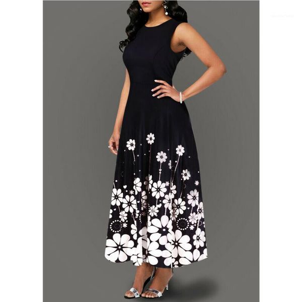 

vintage floral printed long dress elegant women summer sleeveless back zipper party vestidos ladies fit and flare maxi dresses1, Black;gray