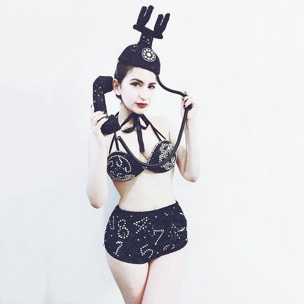 

black rhinestone bikin nightclub bra short telephone headdress outfit women dance costumes bikini sets stage outfit dqs45981, Black;red