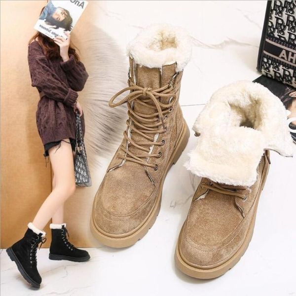 

boots y06 snow women mid caif 2021 winter nubnck round head warm fur integrated platform botas de mujer1, Black