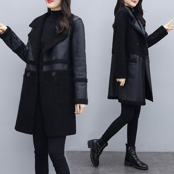 

bottle big yards in the women's wear the new winter 2021 thickening composite lambs wool long sides fur leather coat, Black