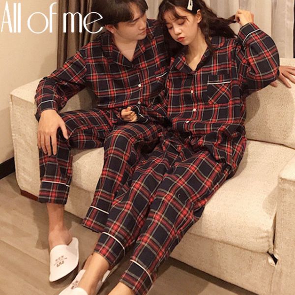 

couple pajamas set fashion grid color homewear for women men's sleepwear soft cotton pyjamas couples pijamas mujer home suits 201113, Black;red