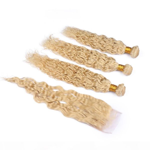 

virgin brazilian blonde human hair bundles deals wet and wavy with closure water wave #613 blonde hair weaves with 4x4 lace closure, Black;brown