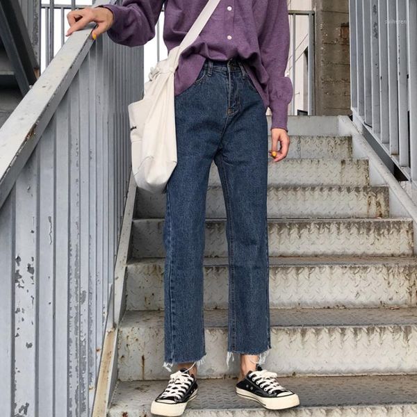 

whcw cgdsr autumn denim pants women vintage winter jeans woman solid high waist streetwear korean style denim trousers 2020 stra1, Blue