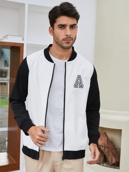 

men color-block letter graphic zip-up bomber jacket y6zq#, Black;brown