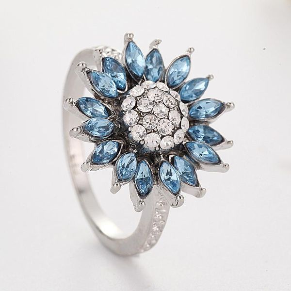 

cluster rings fashion luxury blue sunflower zircon ring exquisite for women jewelry wedding valentine's gifts party accessories 30n546, Golden;silver