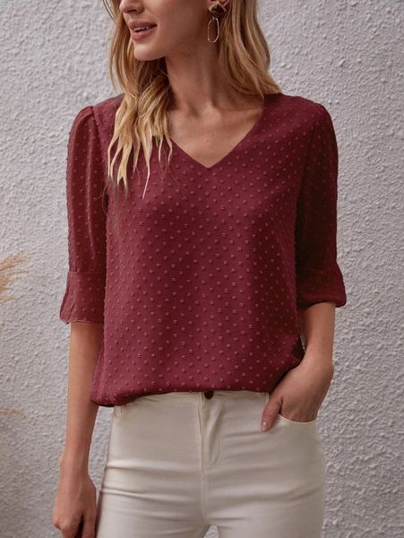 

flounce sleeve swiss dot blouse f68b#, White