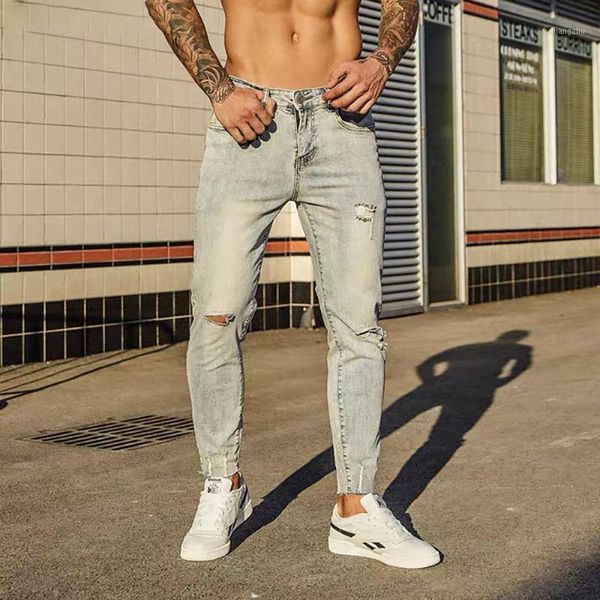 

2020 muscle men's jeans stretch high street brother fashion unique pants trousers leggings sharp convex hips jeans plasticity1, Blue