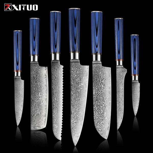 XITUO VG10 Damaskus Stahl Küchenmesser Set 1-7PCS Luxus Blau G10 Griff Sharp Damaskus Kochmesser Hackmesser Santoku messer