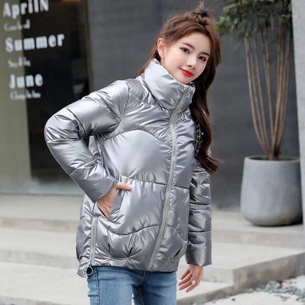 

2020 autumn women's winter coats fashion silver stand collar parkas winter jacket women pockets padded cotton coat1, Black